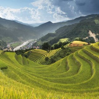 Rice terraces in Vietnam surrounded by hills and mountains on a bright day